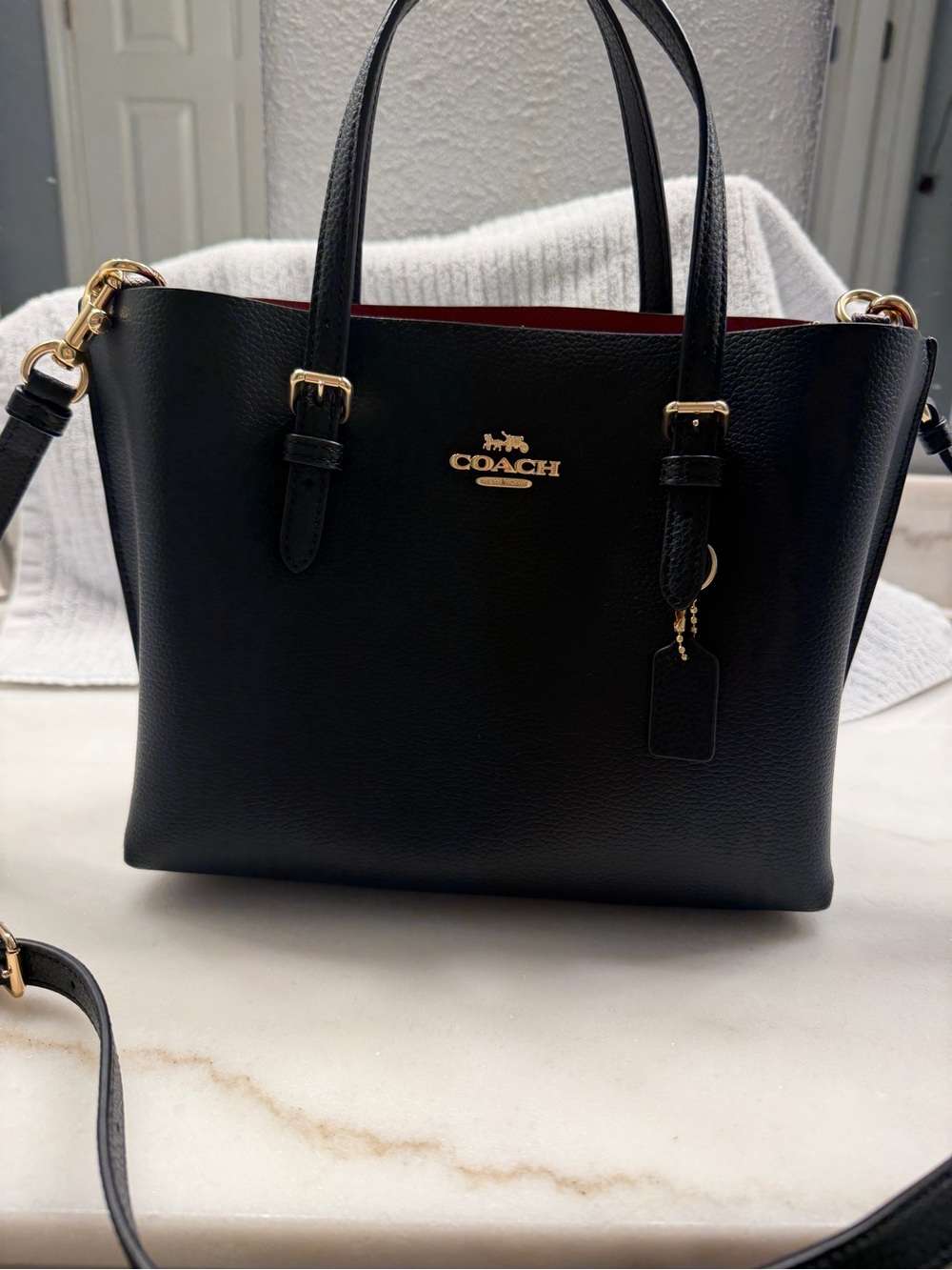 Coach Black Leather Tote with Gold Hardware and Red Interior